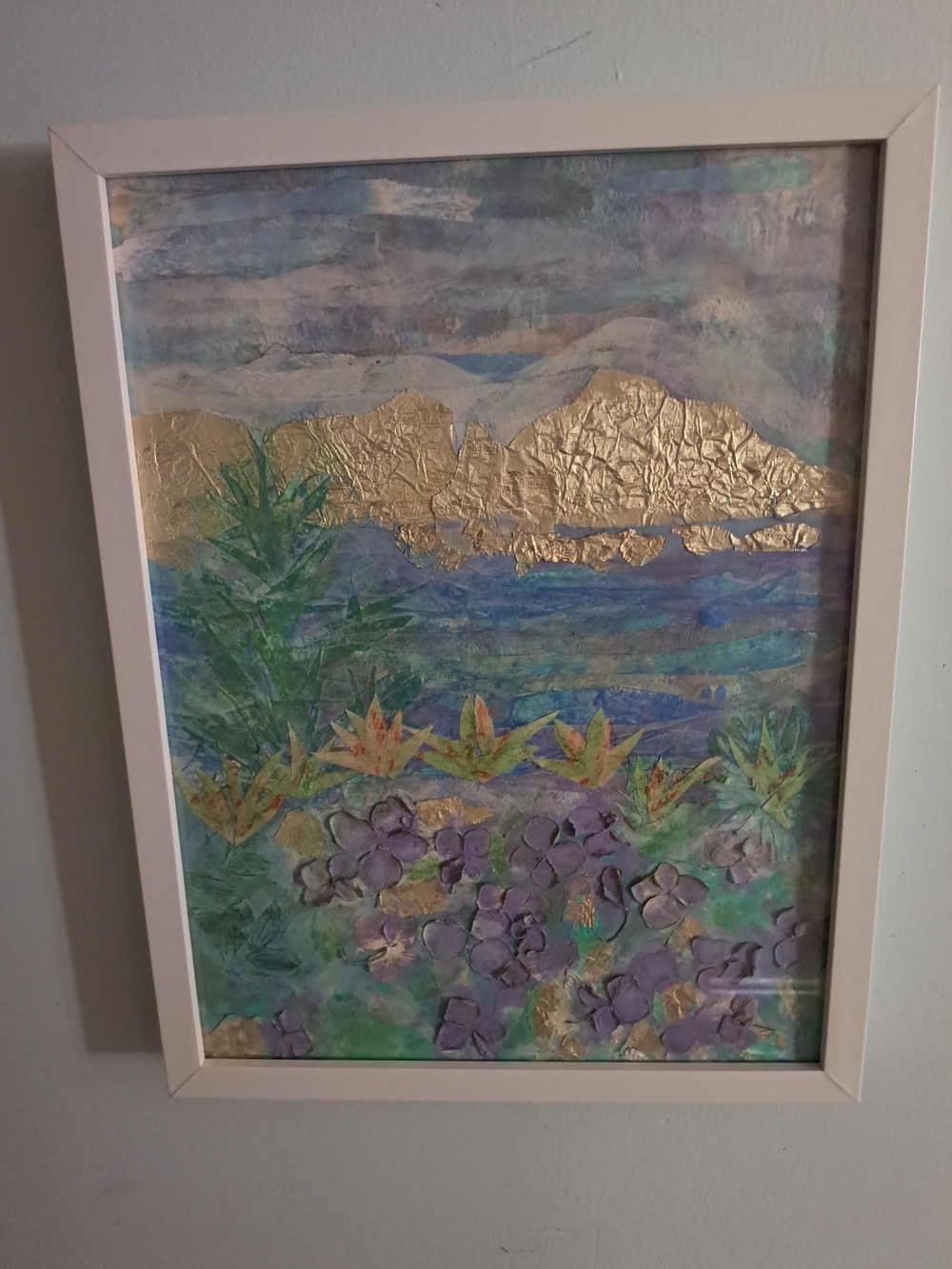 Unique mixed media landscape artwork has a collage design 16x20